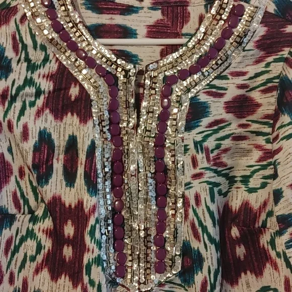 Jones New York Embellished Neck Blouse Small Petite Satin Purple Beaded Sequins - Picture 3 of 7